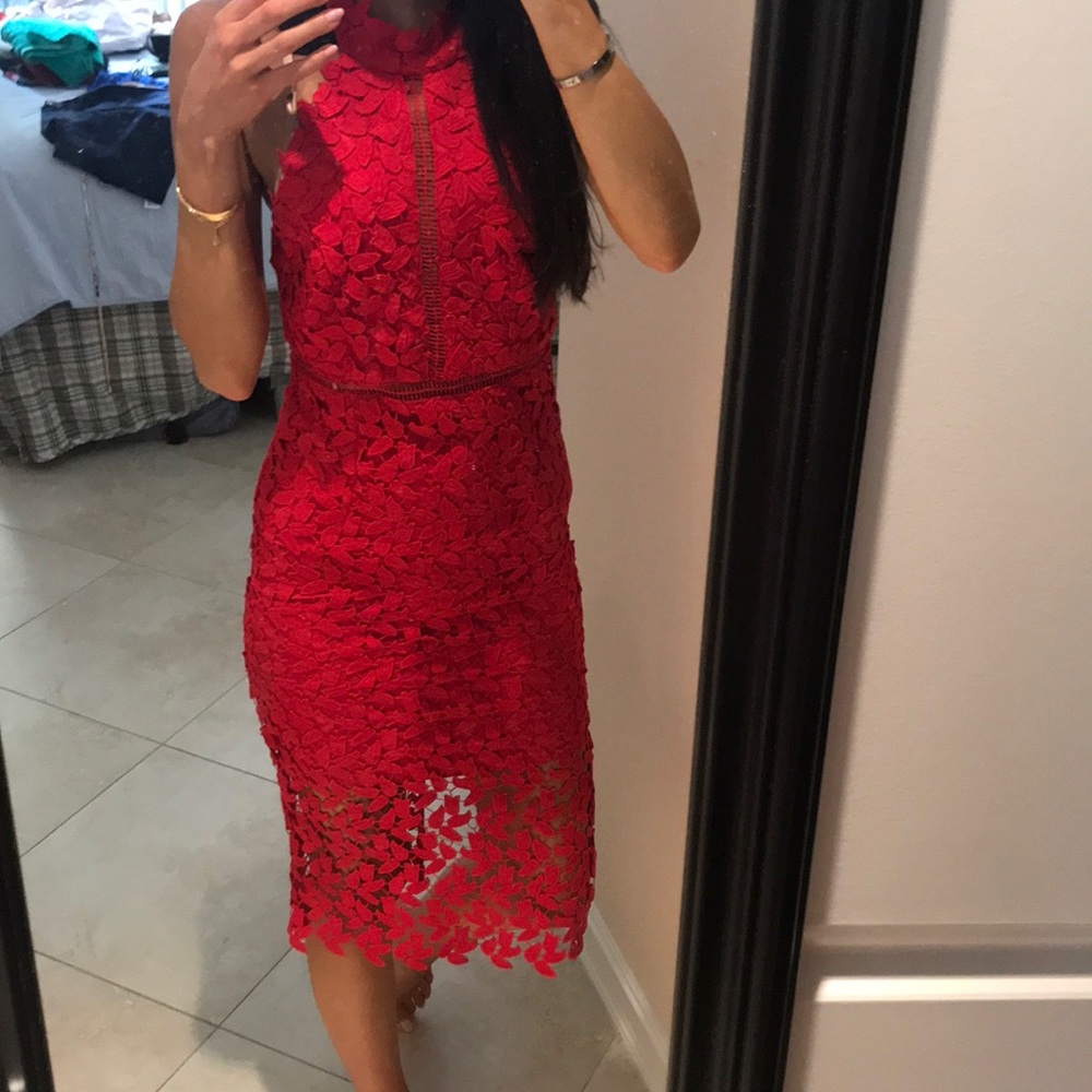 Bardot Gemma Red Lace Midi Dress - Sleeveless High Neck - Picture 3 of 8